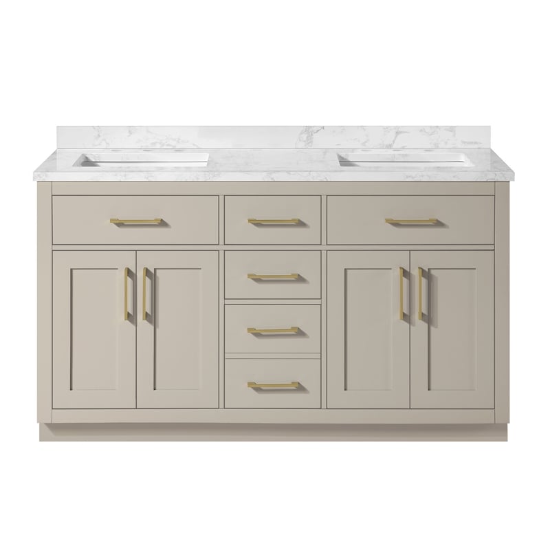 Athea 60 in. Greige Bathroom Vanity with White Top and Gold Hardware