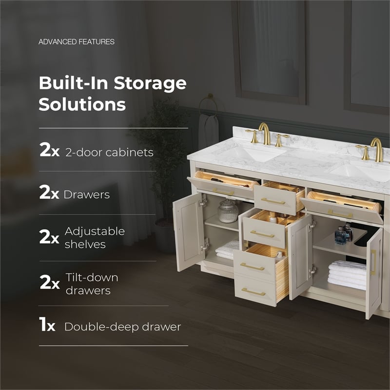 Athea 60 in. Greige Bathroom Vanity with White Top and Gold Hardware