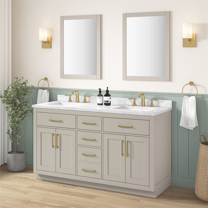 Athea 60 in. Greige Bathroom Vanity with White Top and Gold Hardware