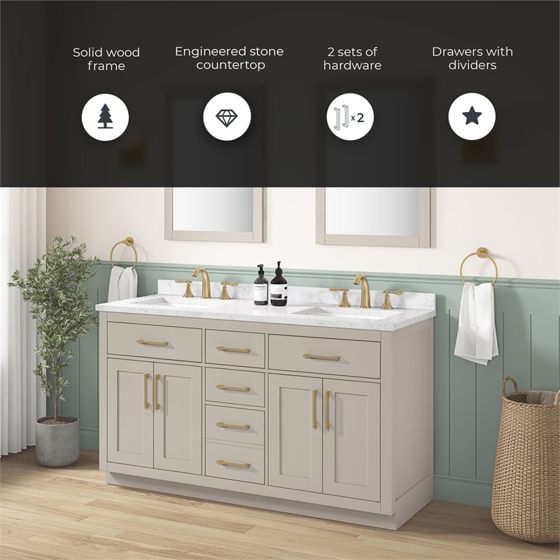 Athea 60 in. Greige Bathroom Vanity with White Top and Gold Hardware