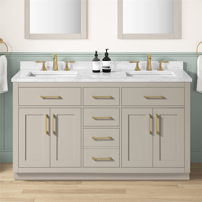 Athea 60 in. Greige Bathroom Vanity with White Top and Gold Hardware