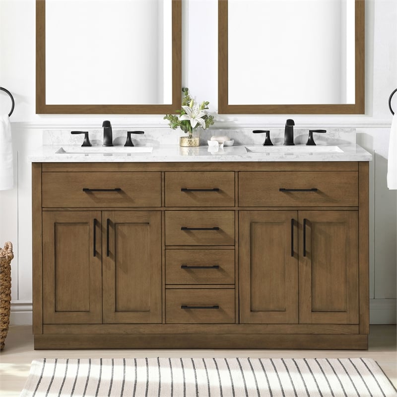 Athea 60 in. Almond Latte Bathroom Vanity with White Top and Black Hardware