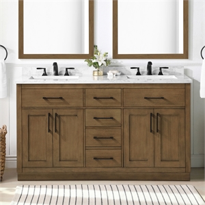 OVE Athea 60 in. Almond Latte Bathroom Vanity with White Top and Black Hardware