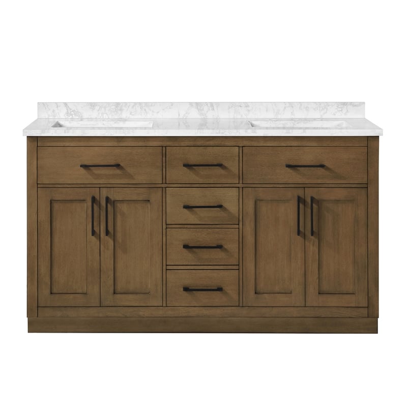 Athea 60 in. Almond Latte Bathroom Vanity with White Top and Black Hardware