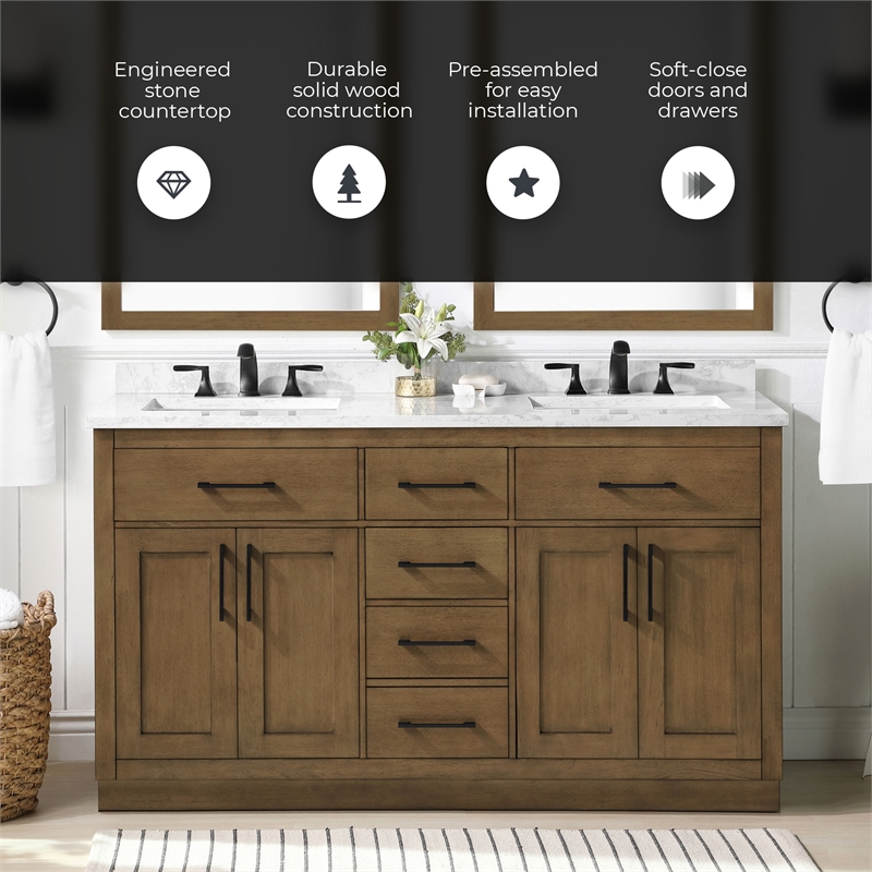 Athea 60 in. Almond Latte Bathroom Vanity with White Top and Black Hardware