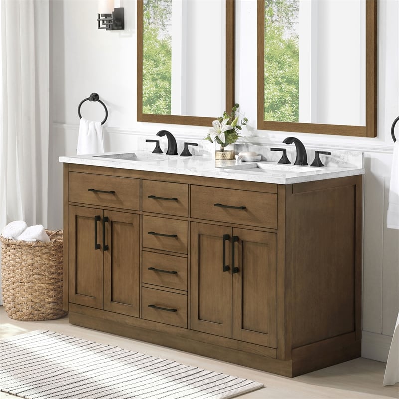 Athea 60 in. Almond Latte Bathroom Vanity with White Top and Black Hardware