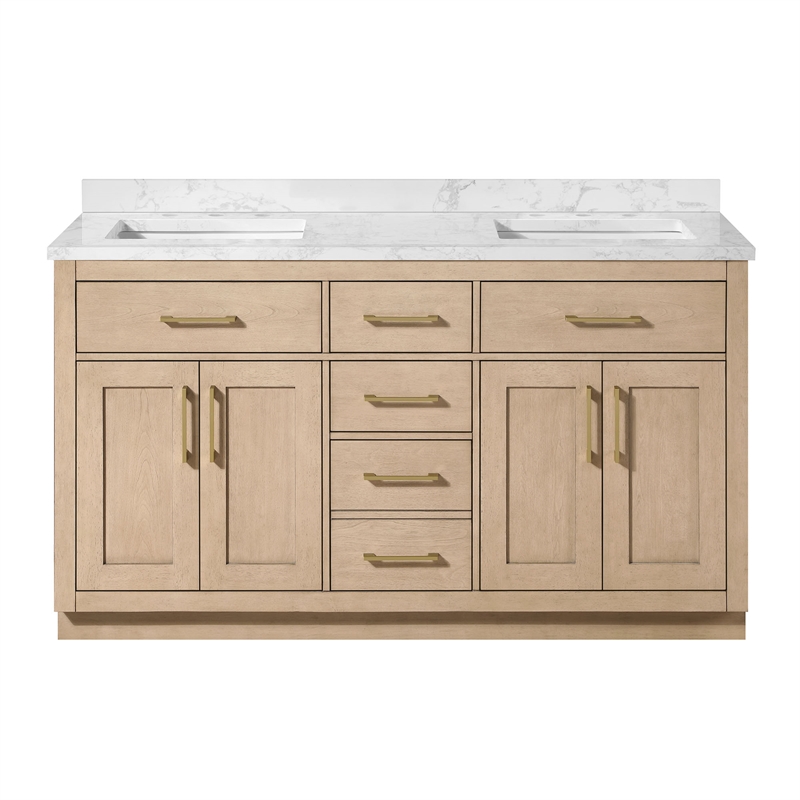 Athea 60 in. Sahara Birch Bathroom Vanity with White Top and Gold Hardware