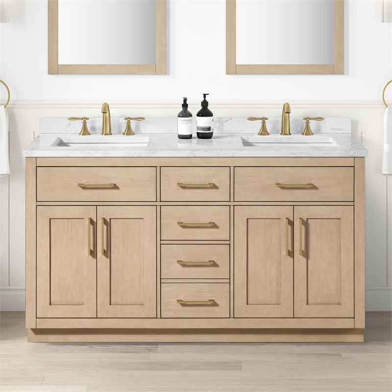 Athea 60 in. Sahara Birch Bathroom Vanity with White Top and Gold Hardware