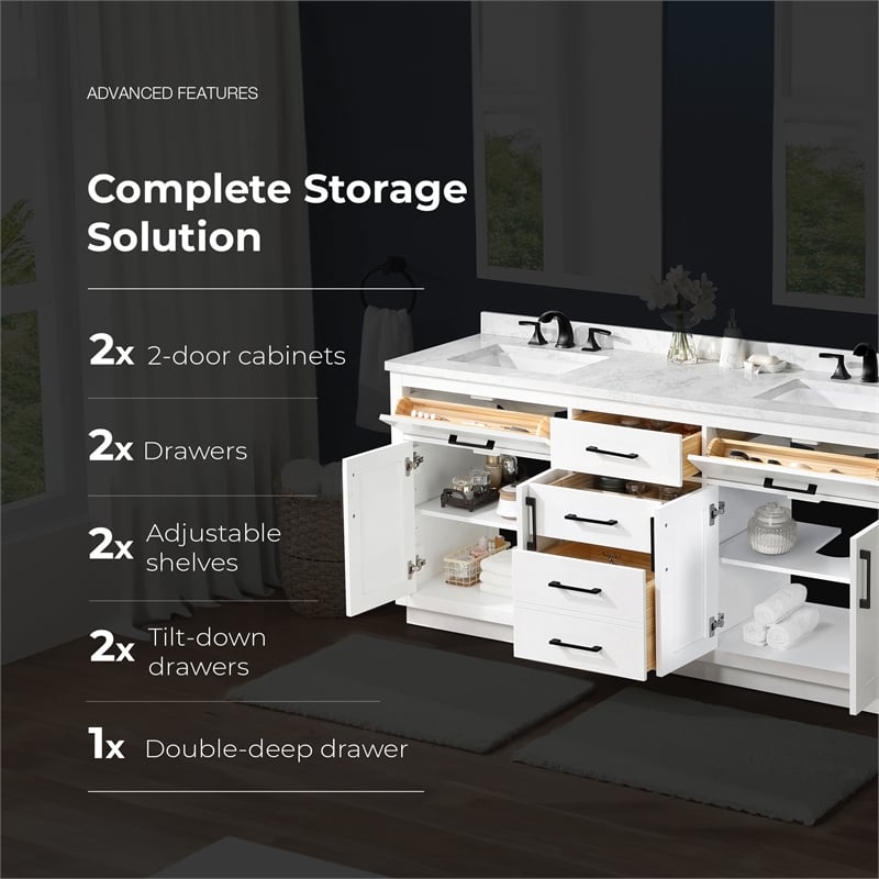 Athea 72 in. White Bathroom Vanity with White Top and Black Hardware