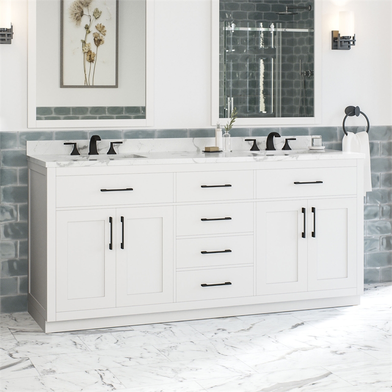 Athea 72 in. White Bathroom Vanity with White Top and Black Hardware
