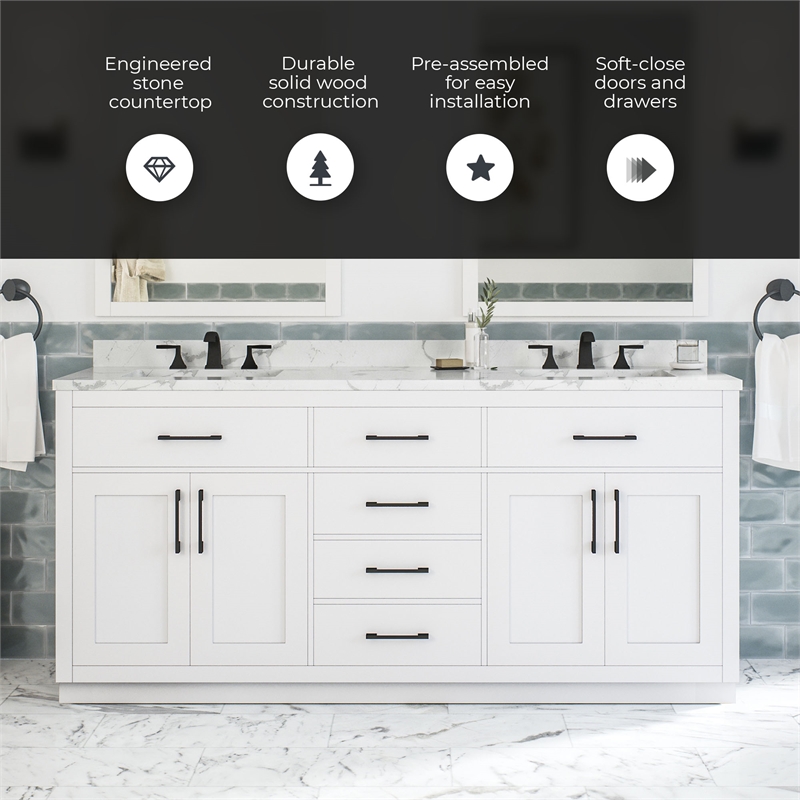 Athea 72 in. White Bathroom Vanity with White Top and Black Hardware