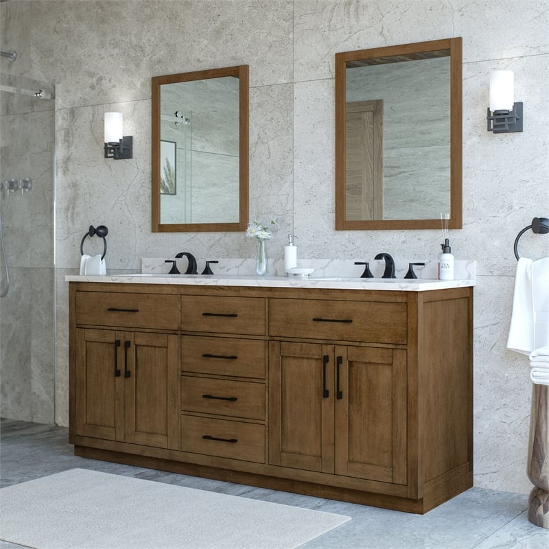 Athea 72 in. Almond Latte Bathroom Vanity with White Top and Black Hardware