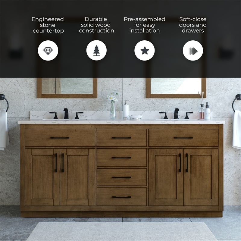 Athea 72 in. Almond Latte Bathroom Vanity with White Top and Black Hardware