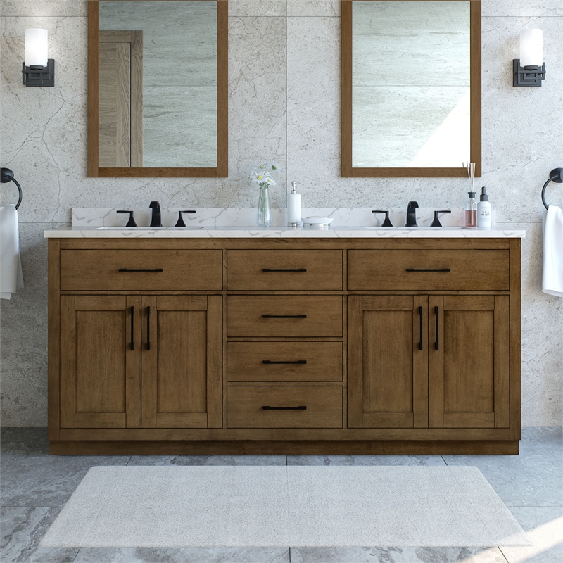 Athea 72 in. Almond Latte Bathroom Vanity with White Top and Black Hardware