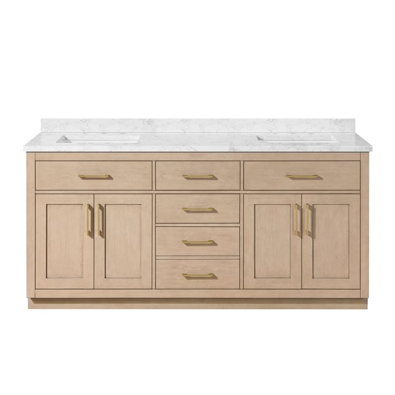 Athea 72 in. Sahara Birch Bathroom Vanity with White Top Gold Hardware
