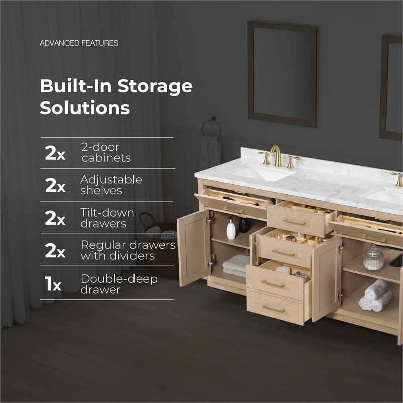 Athea 72 in. Sahara Birch Bathroom Vanity with White Top Gold Hardware