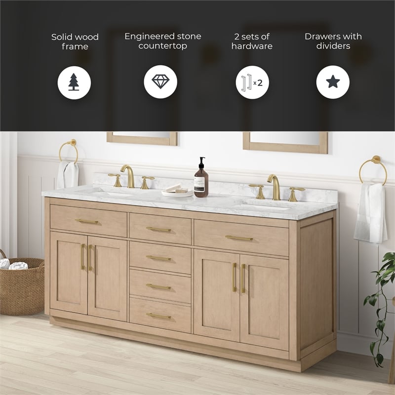 Athea 72 in. Sahara Birch Bathroom Vanity with White Top Gold Hardware