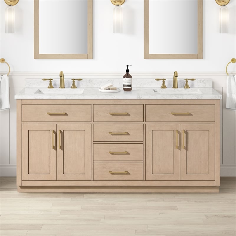 Athea 72 in. Sahara Birch Bathroom Vanity with White Top Gold Hardware