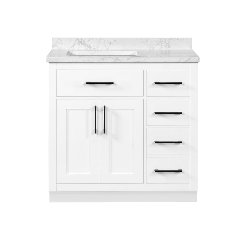Athea 36 in. White Bathroom Vanity with White Top and Black Hardware
