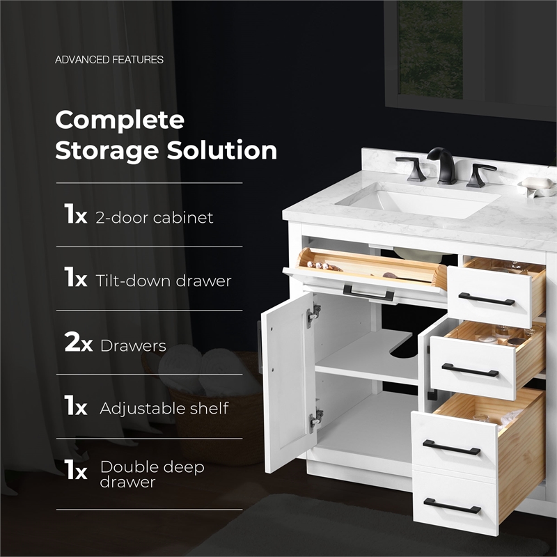 Athea 36 in. White Bathroom Vanity with White Top and Black Hardware