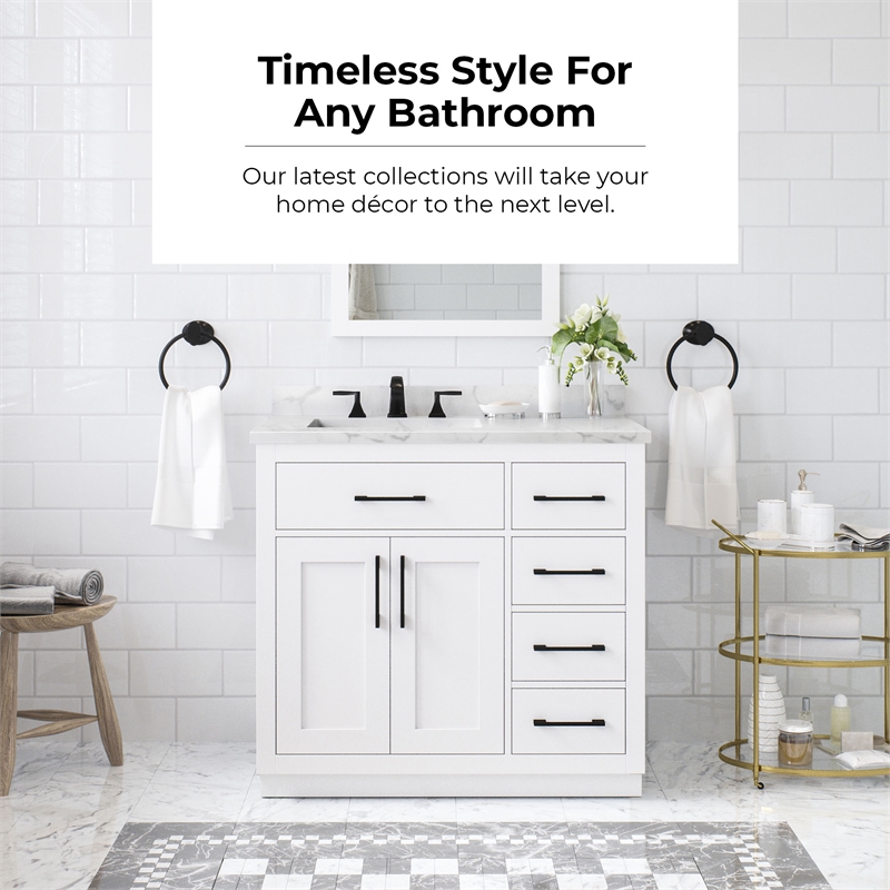Athea 36 in. White Bathroom Vanity with White Top and Black Hardware