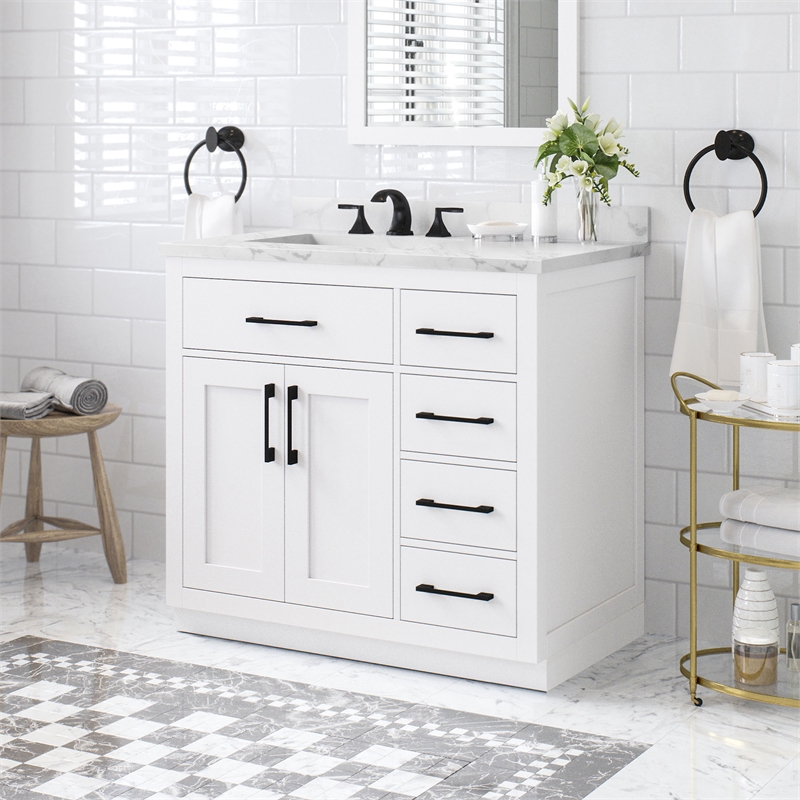 Athea 36 in. White Bathroom Vanity with White Top and Black Hardware