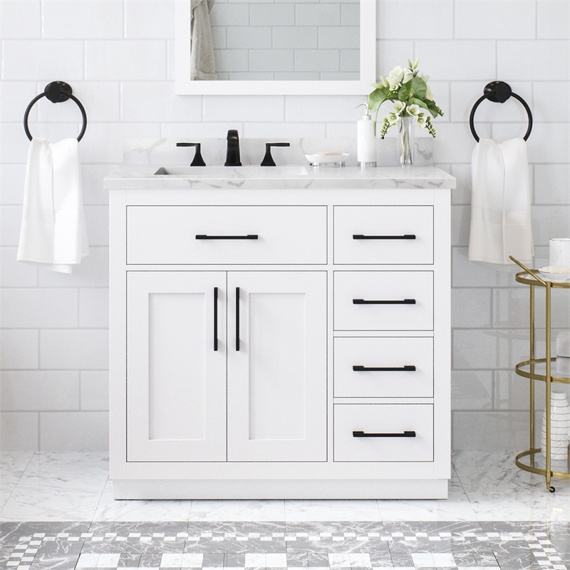 Athea 36 in. White Bathroom Vanity with White Top and Black Hardware