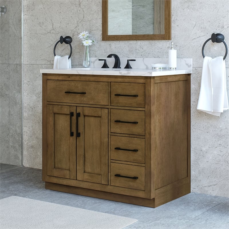 Athea 36 in. Almond Latte Bathroom Vanity with White Top and Black Hardware