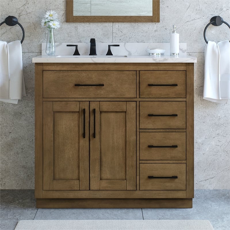 Athea 36 in. Almond Latte Bathroom Vanity with White Top and Black Hardware