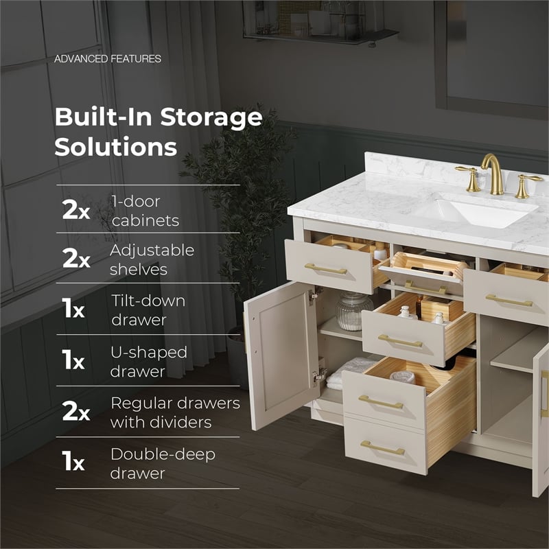 Athea 48 in. Greige Bathroom Vanity with White Top Gold Hardware