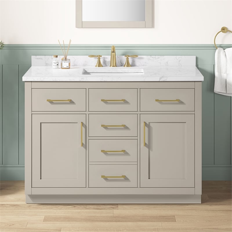 Athea 48 in. Greige Bathroom Vanity with White Top Gold Hardware