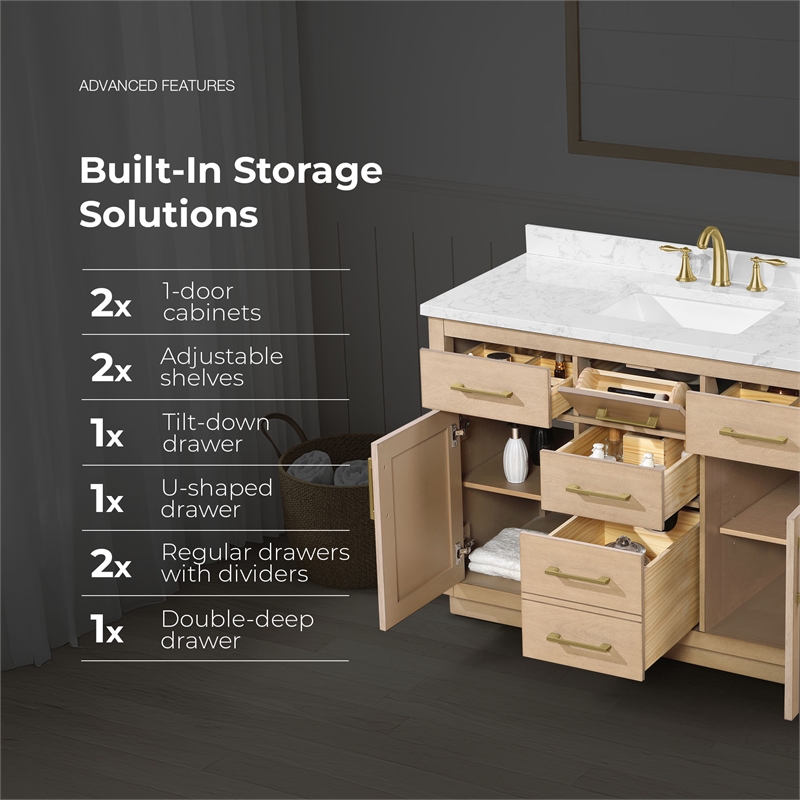 Athea 48 in. Sahara Birch Bathroom Vanity with White Top Gold Hardware