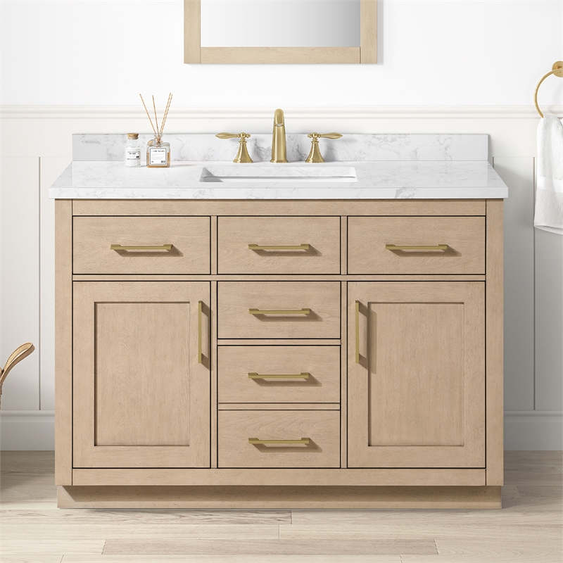 Athea 48 in. Sahara Birch Bathroom Vanity with White Top Gold Hardware