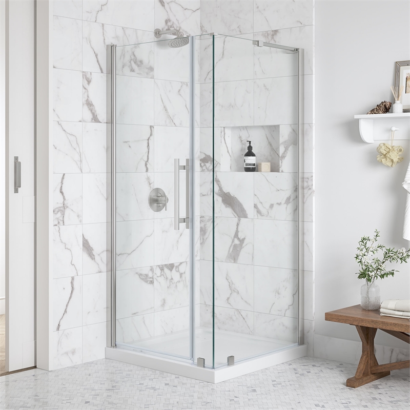 OVE Breeze 36 x 36 Corner Frameless Pivot Shower Door Kit Satin Nickel