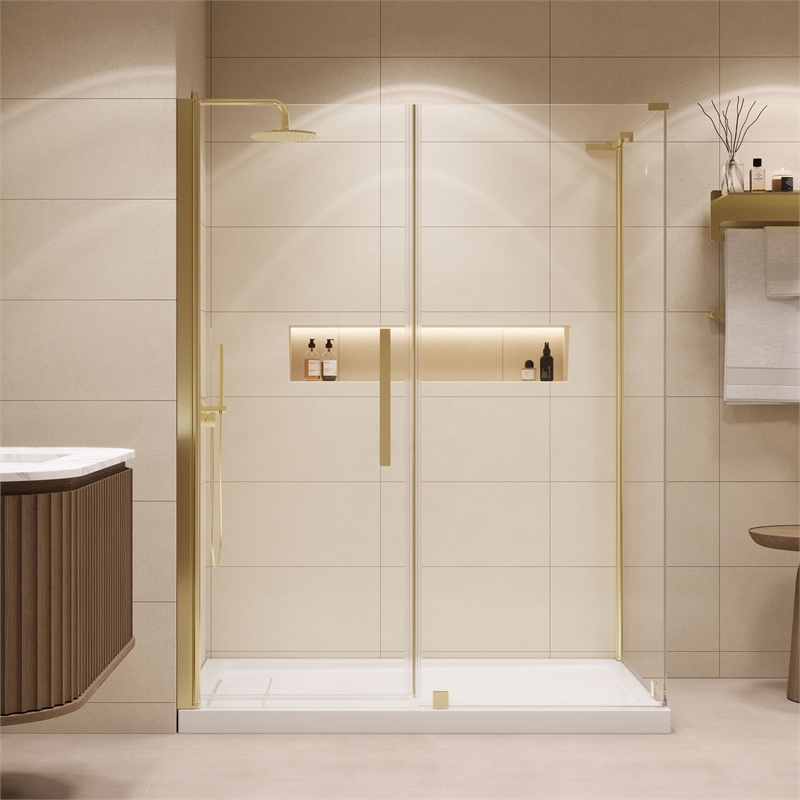 OVE Breeze 60 x 36 Corner Frameless Pivot Shower Door Kit Brushed Gold