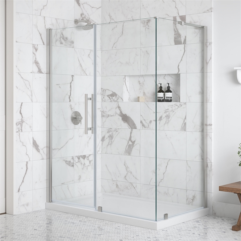OVE Breeze 60 x 36 Corner Frameless Pivot Shower Door Kit Satin Nickel