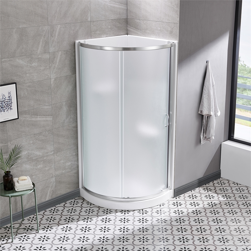 Breeze 33 in Round Corner Shower Kit Satin Nickel Frosted Sliding Door Base