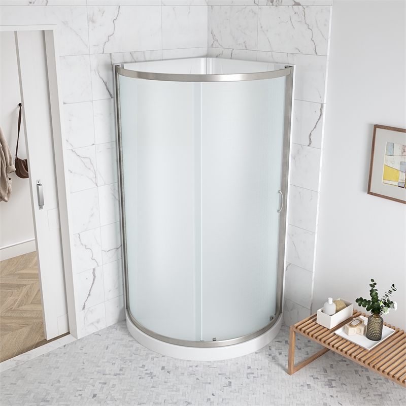 Breeze 35 in Round Corner Shower Kit Satin Nickel Frosted Sliding Door Base