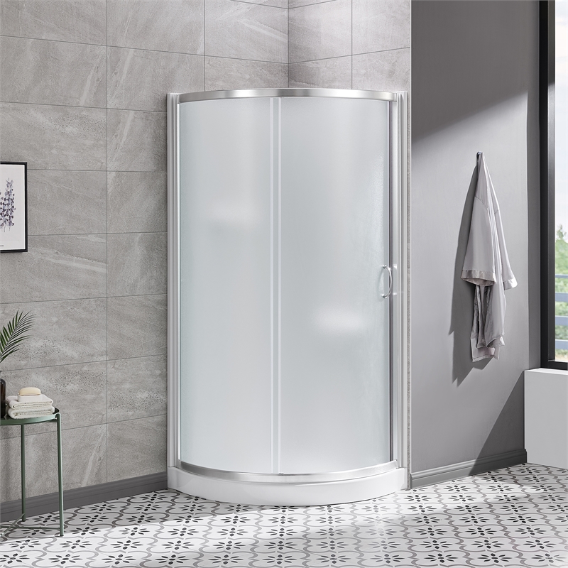 Breeze 35 in Round Corner Shower Kit Satin Nickel Frosted Sliding Door Base
