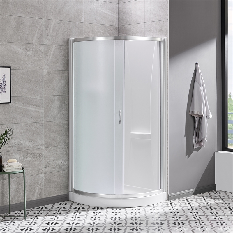 Breeze 35 in Round Corner Shower Kit Satin Nickel Frosted Sliding Door Base