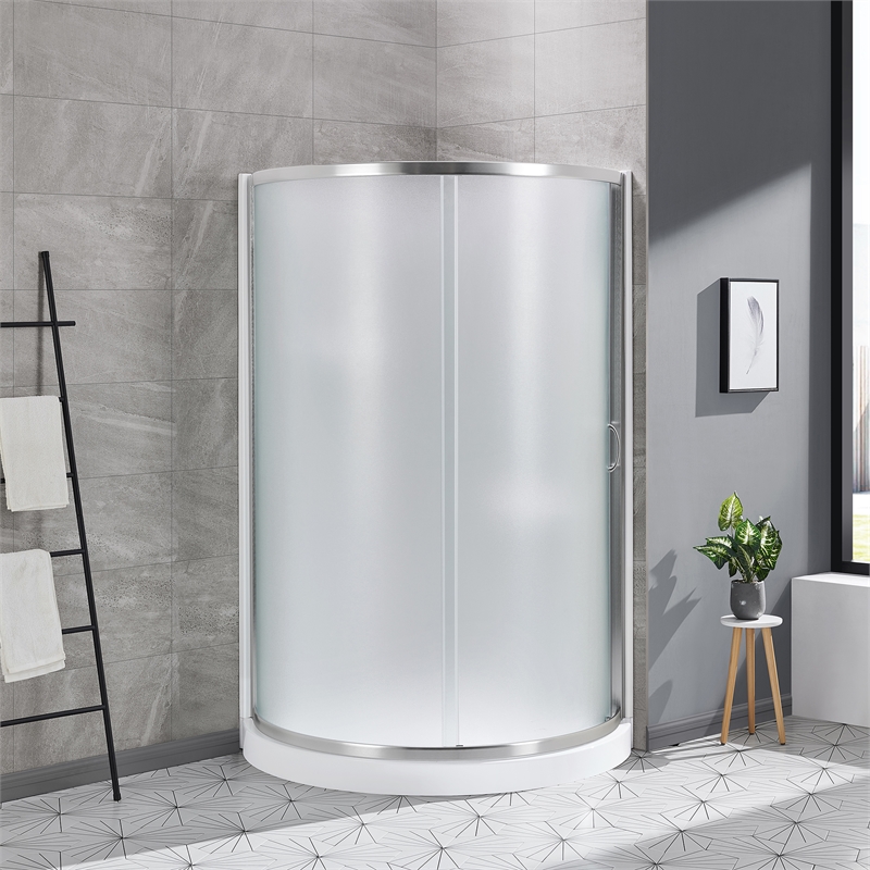 Breeze 40 in Round Corner Shower Kit Satin Nickel Frosted Sliding Door Base