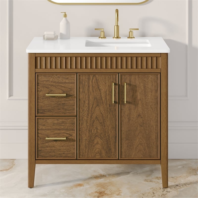 OVE Juliette 36 in. Warm Walnut Bathroom Vanity with White Countertop