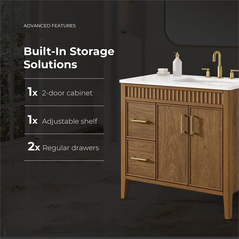 OVE Juliette 36 in. Warm Walnut Bathroom Vanity with White Countertop