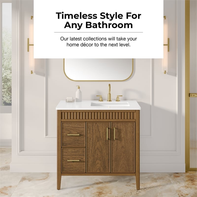 OVE Juliette 36 in. Warm Walnut Bathroom Vanity with White Countertop