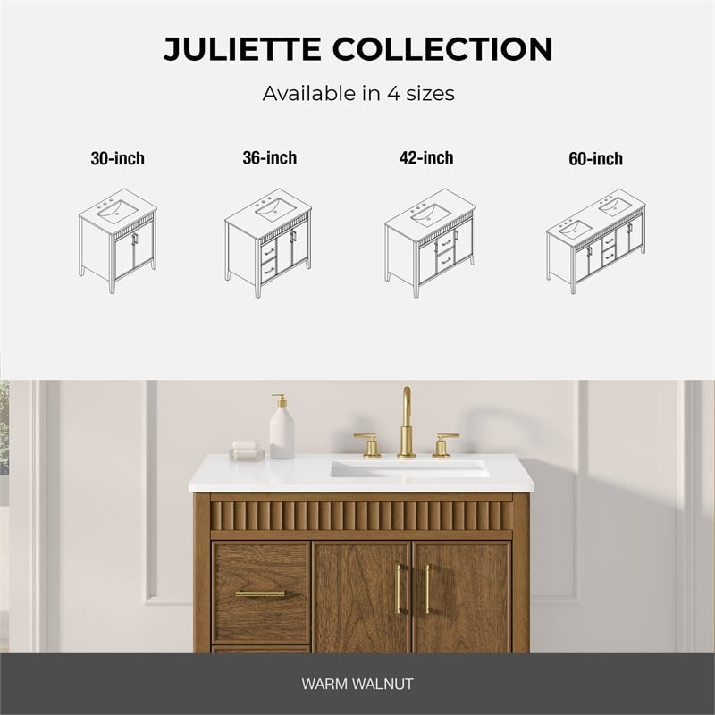 OVE Juliette 36 in. Warm Walnut Bathroom Vanity with White Countertop
