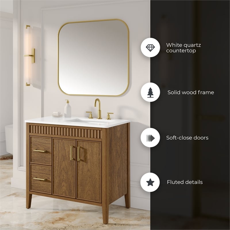 OVE Juliette 36 in. Warm Walnut Bathroom Vanity with White Countertop