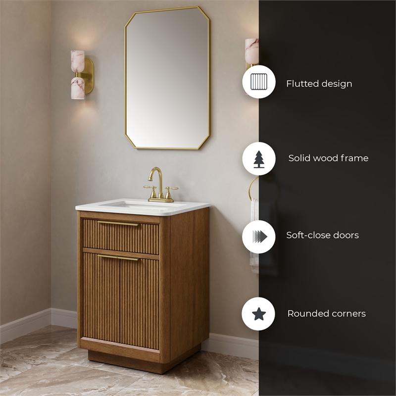 OVE Xander 24 in. Warm Walnut Bathroom Vanity with White Countertop