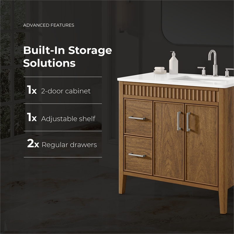 OVE Juliette 36 in. Warm Walnut Bathroom Vanity with White Quartz Brushed Nickel