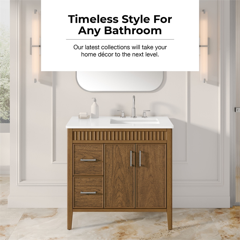 OVE Juliette 36 in. Warm Walnut Bathroom Vanity with White Quartz Brushed Nickel