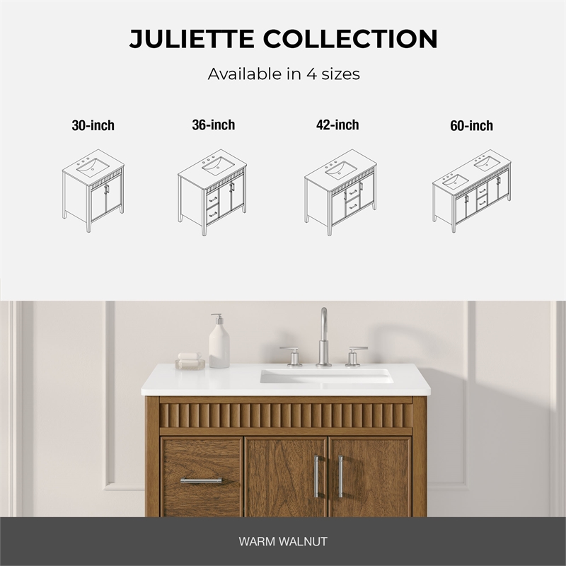 OVE Juliette 36 in. Warm Walnut Bathroom Vanity with White Quartz Brushed Nickel